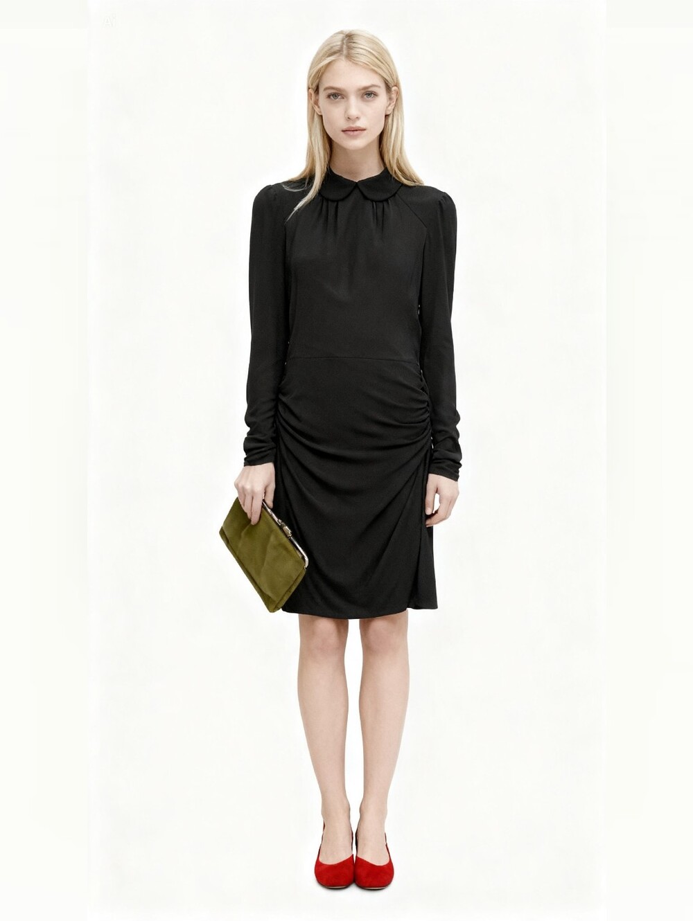 Karen Millen Black Collared Long-Sleeve Ruched-Sides Dress Size 12